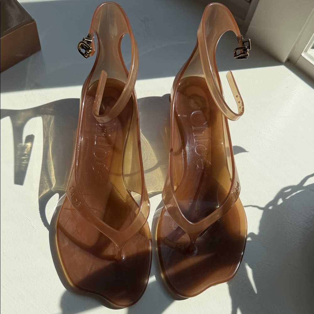 Chloe Translucent Tan Brown Jelly Thong Sandals with Ankle Strap
